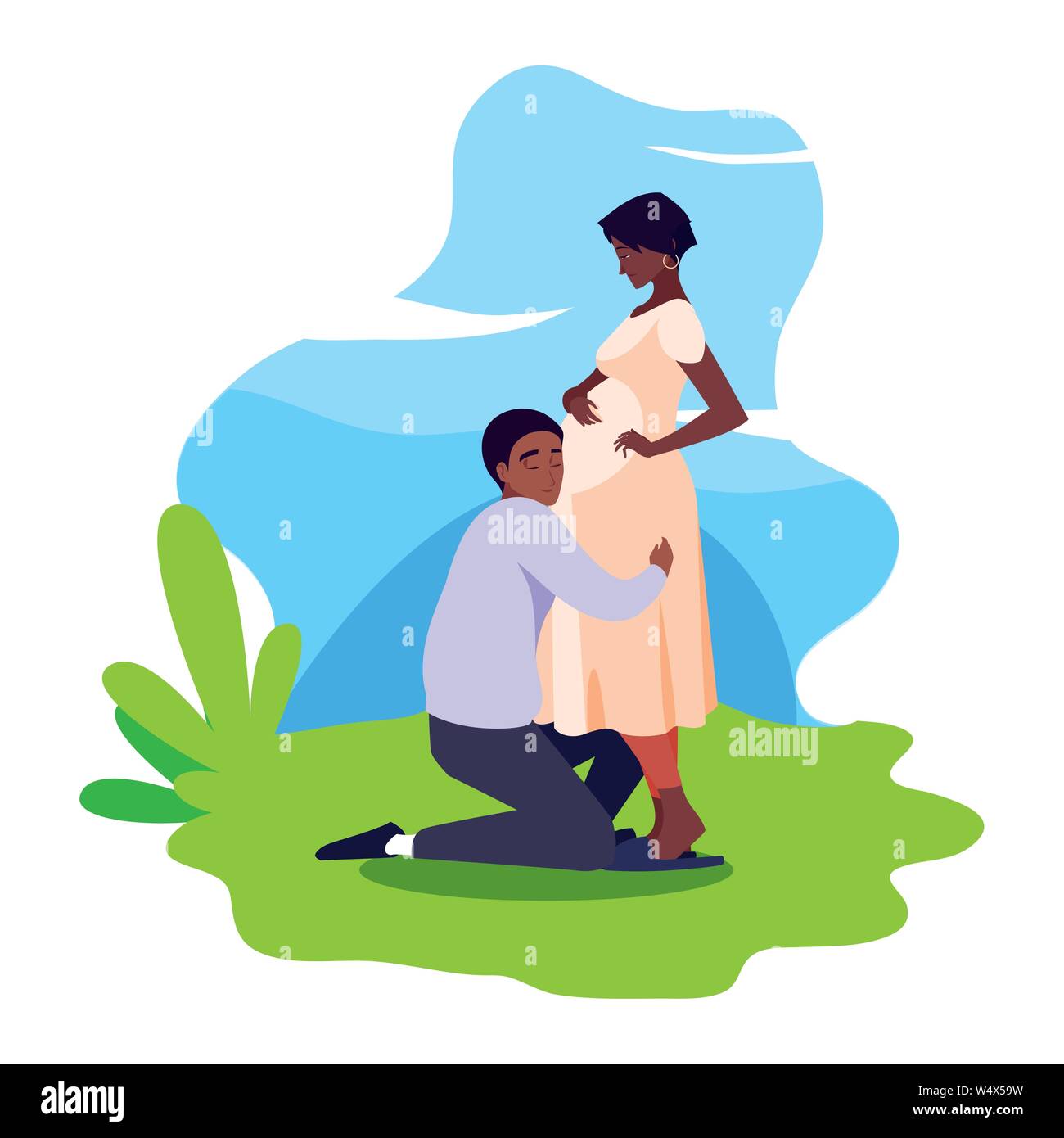 man hugs a pregnant woman outdoors - pregnancy and maternity vector ...