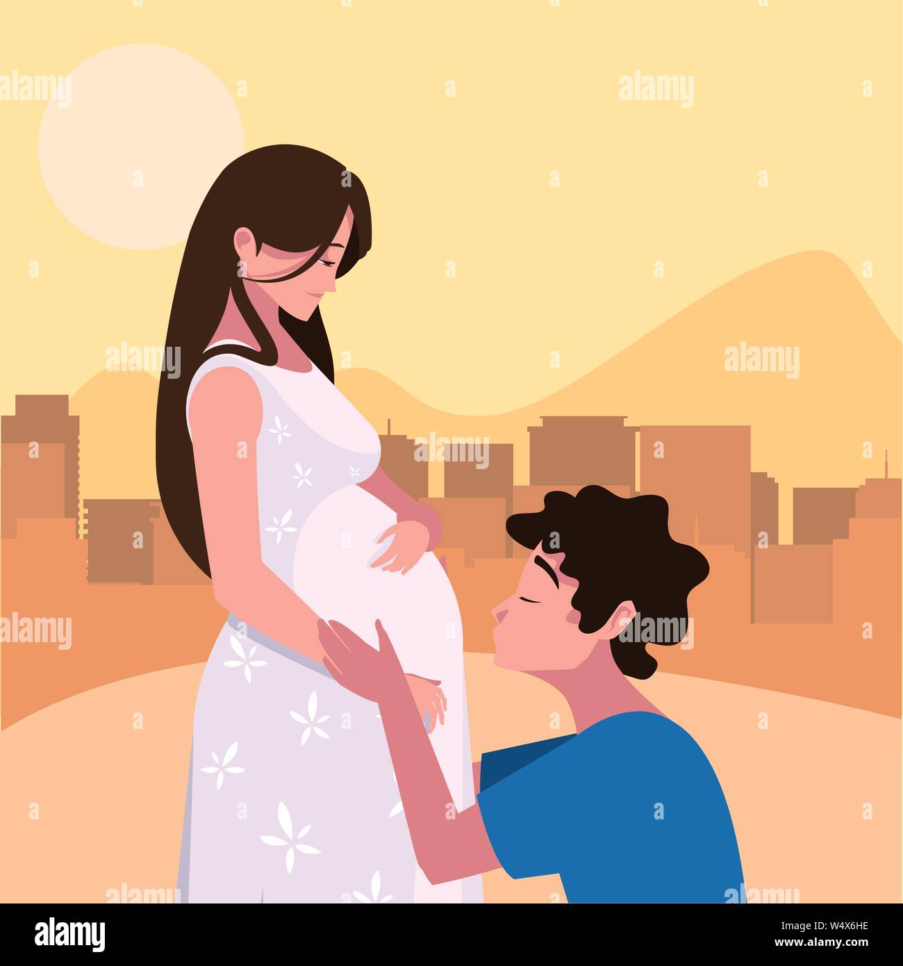 man hugs a pregnant woman in the city street - pregnancy and maternity ...