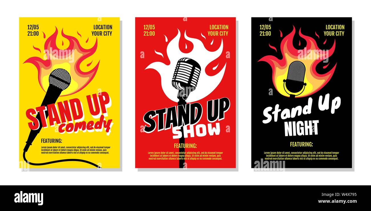 Stand up club comedy night live show A3 A4 poster design templates. Retro mike with fire on yellow red black background. Hot jokes roasting concept flyer. Vector open mic event illustration Stock Vector