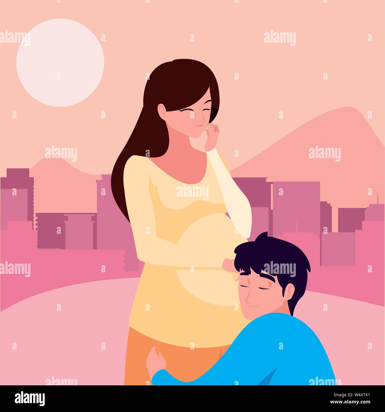 man hugs a pregnant woman in the city street - pregnancy and maternity ...