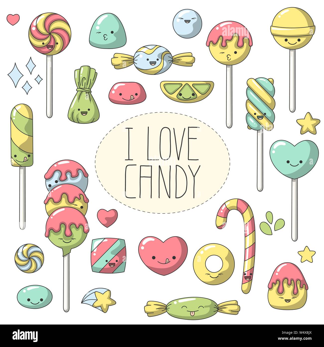Doodle candy in Kawaii style. Set of cute cartoon characters. Vector  collection for stickers, patches, badges, pins. Hand drawn style doodle  Stock Vector Image & Art - Alamy