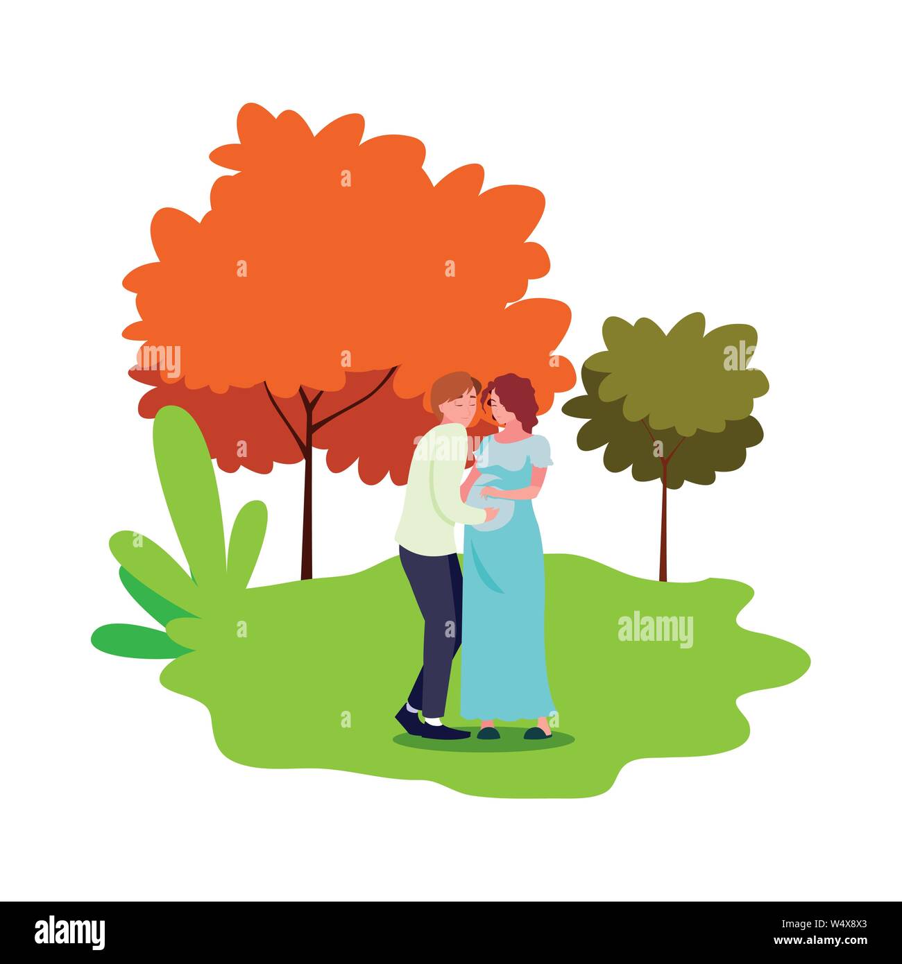 man hugs a pregnant woman in the park - pregnancy and maternity vector ...