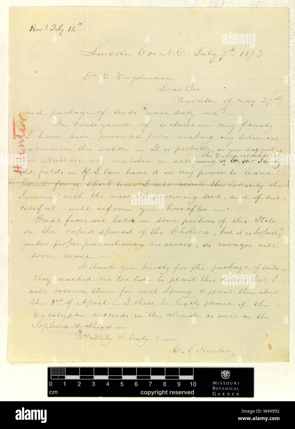 Correspondence - Hunter (Cyrus) and Engelmann (George) (Jul 07, 1873 (1)) Stock Photo
