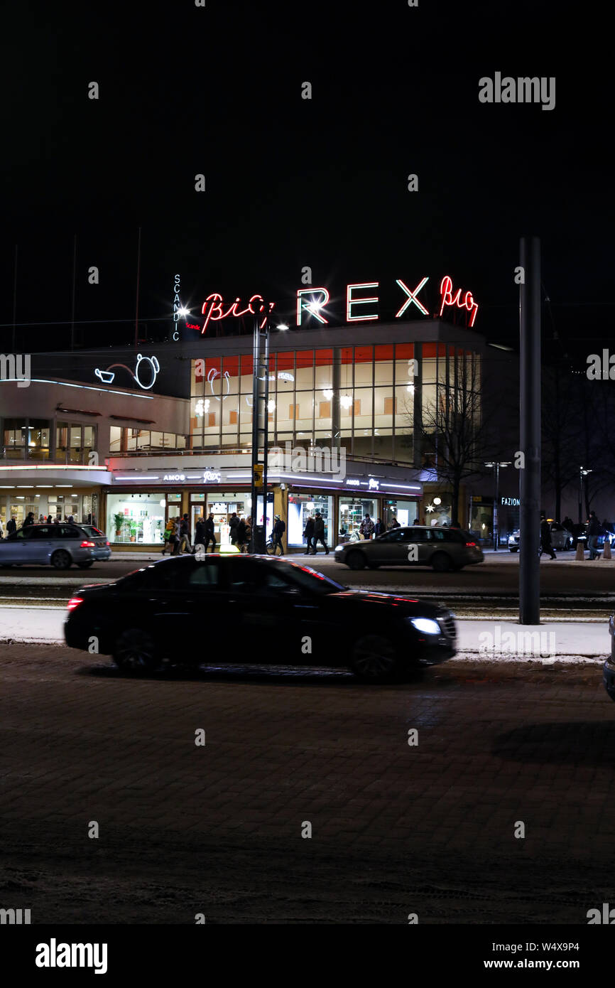 Iconic movie theater Bio Rex and new art museum Amos Rex on Mannerheimintie in Helsinki, Finland Stock Photo