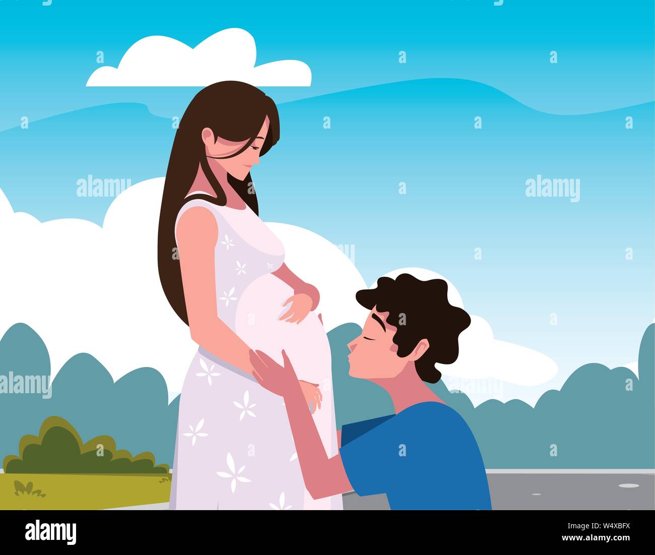 man hugs a pregnant woman outdoors - pregnancy and maternity vector ...