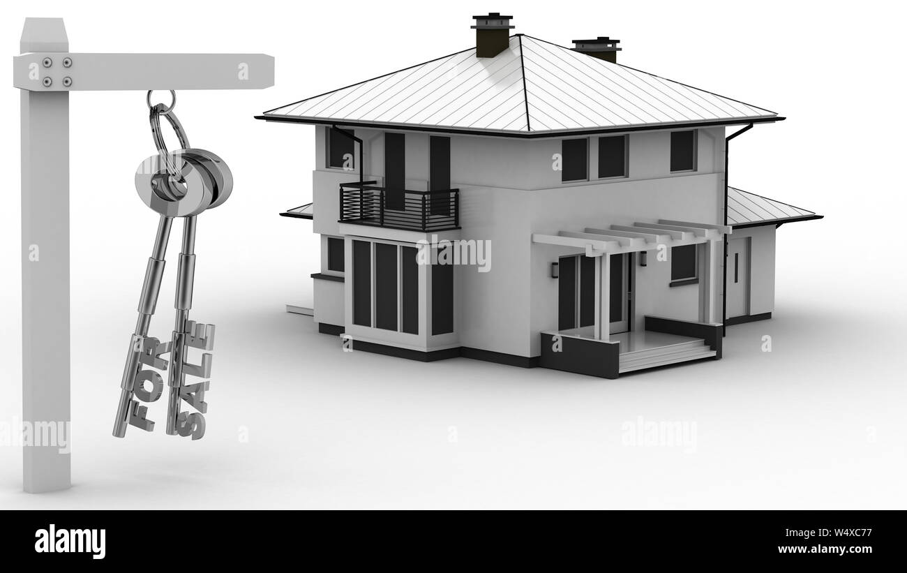 House for sale with keys isolated on white background, high resolution sharp 3d render Stock