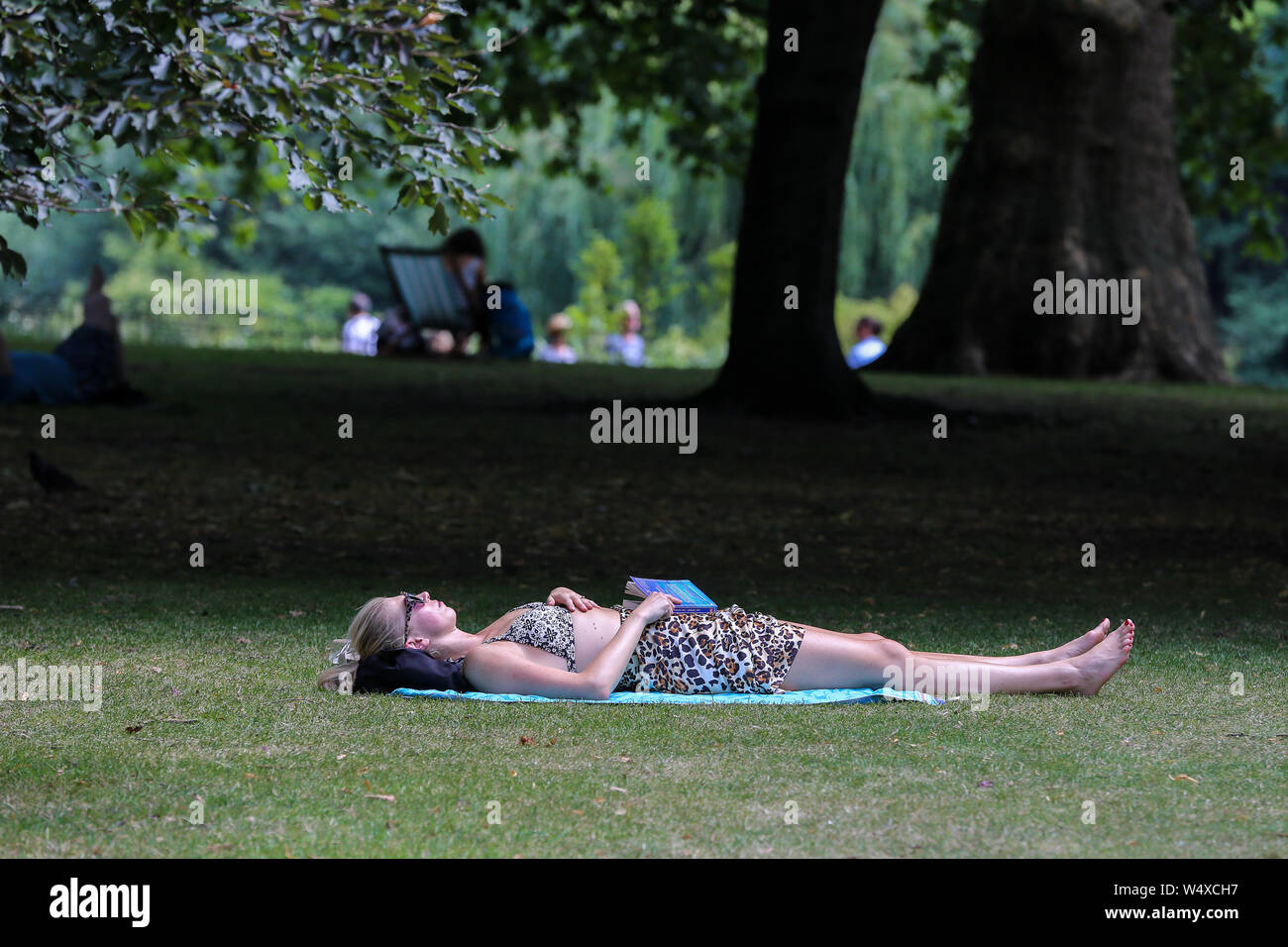 A woman is seen sunbathing at St James's Park on a very hot and sunny day  in London. According to the Met Office, today is likely to be the hottest  day of