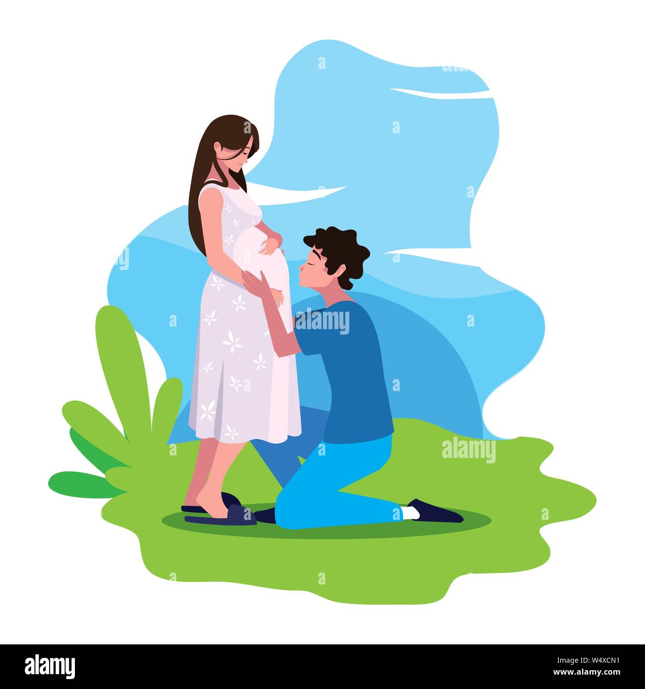 man hugs a pregnant woman outdoors - pregnancy and maternity vector ...