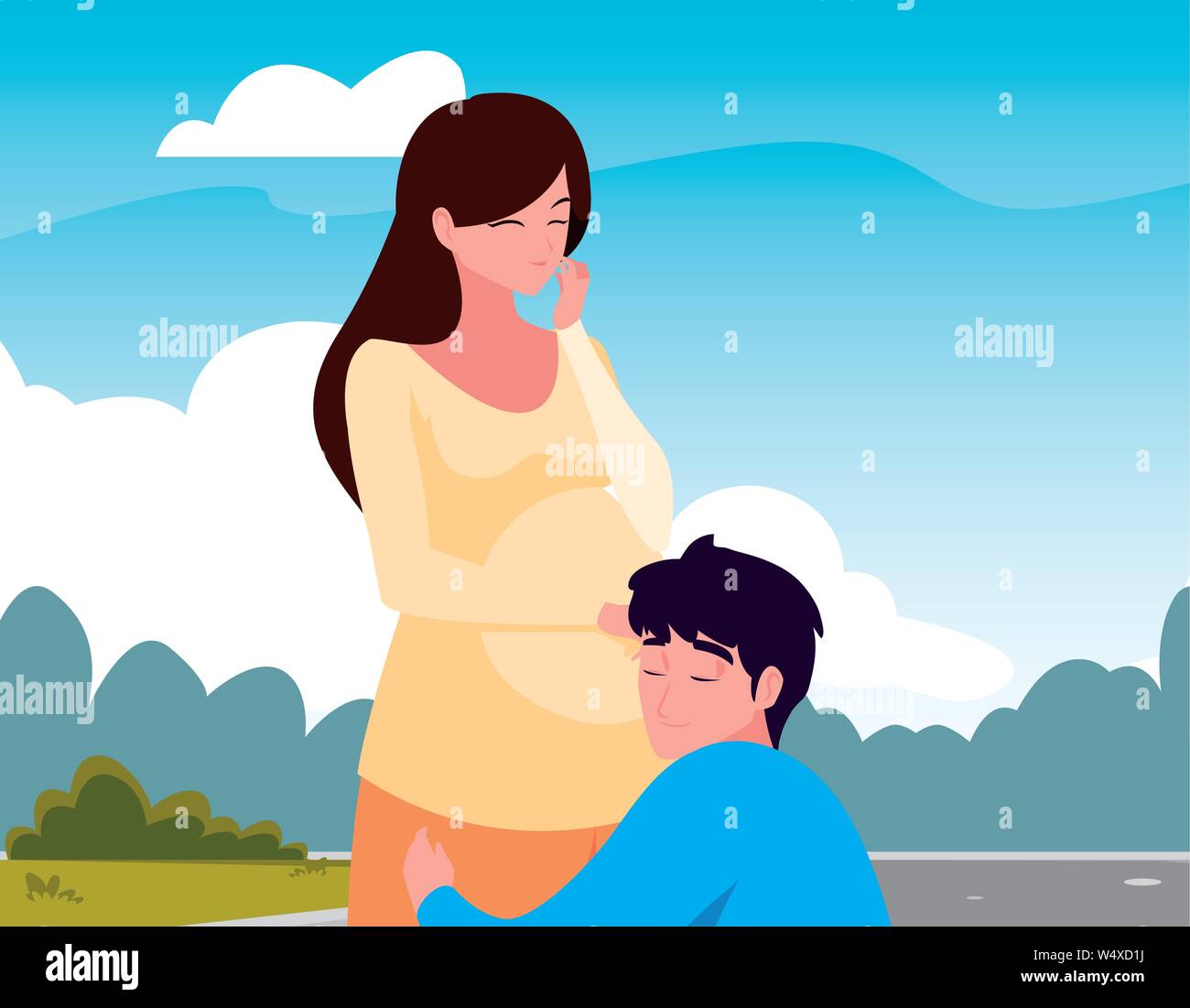 man hugs a pregnant woman outdoors - pregnancy and maternity vector ...