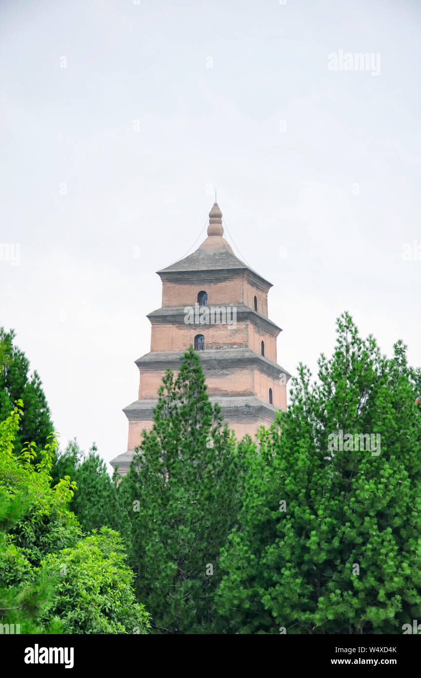 The giant wild goose pagoda or Dayan Pagoda located in Da Cien Temple complex in Xian China on an overcast day. Stock Photo