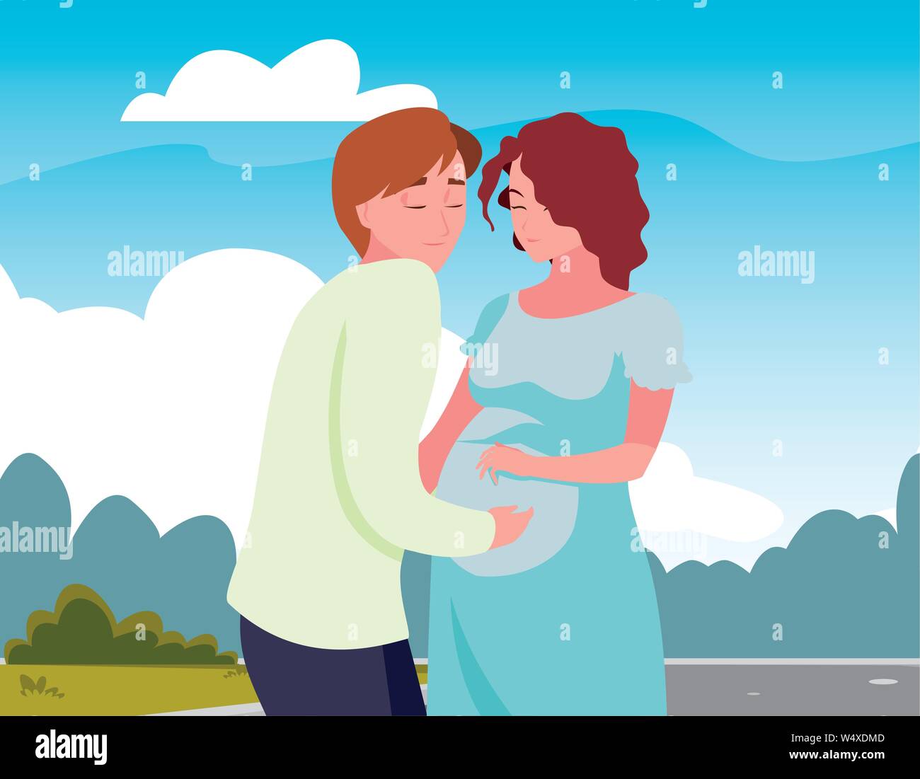 man hugs a pregnant woman outdoors - pregnancy and maternity vector ...