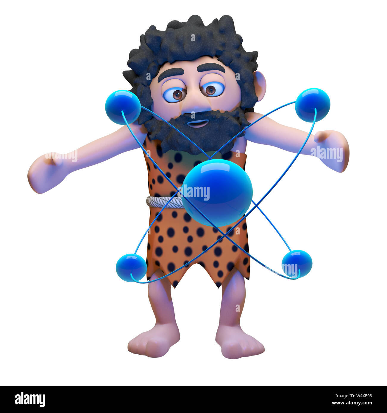 Comic caveman character in 3d is deep in thought studying the atom, 3d