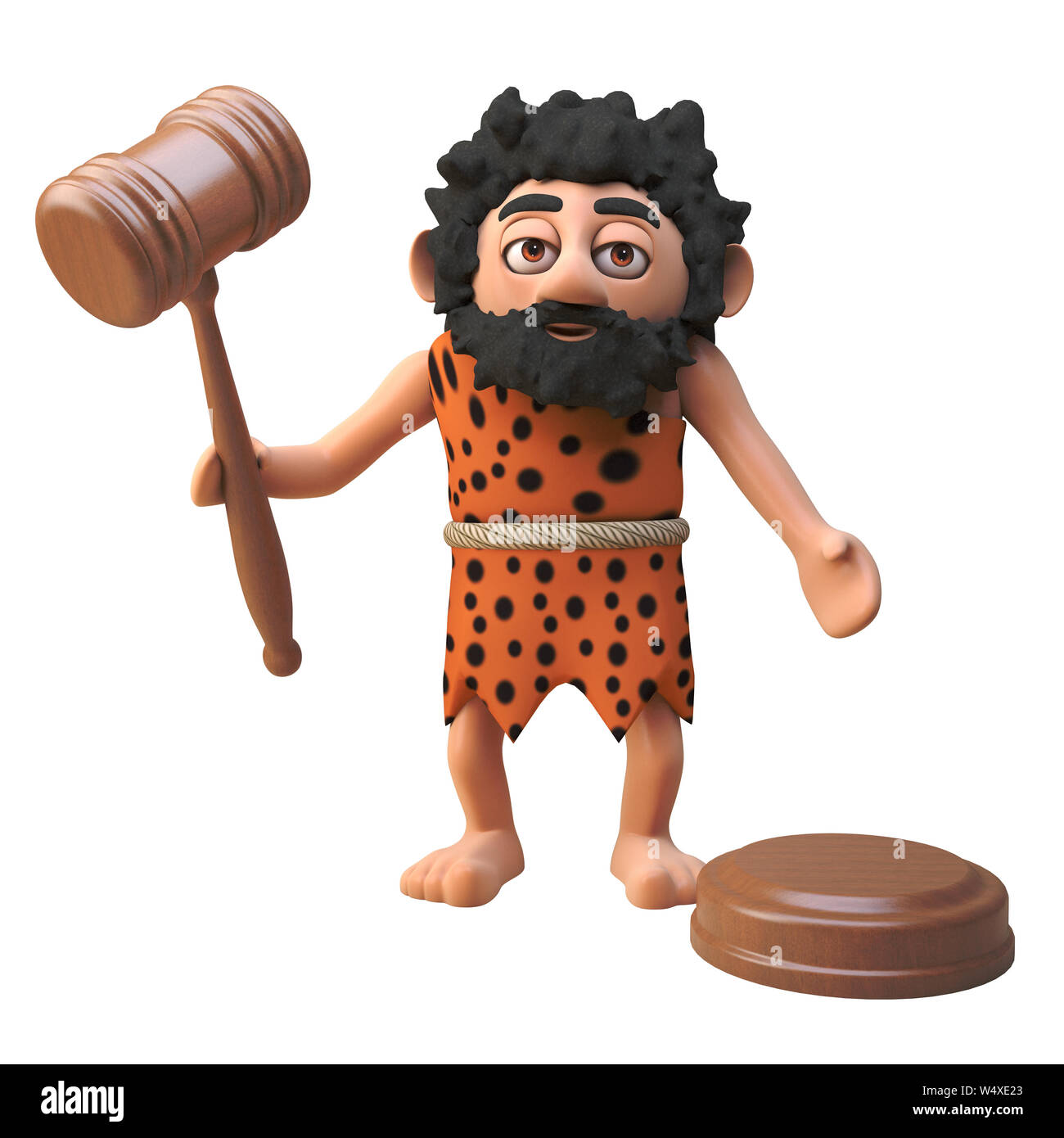 3d caveman character holding an auction with gavel, 3d illustration render Stock Photo