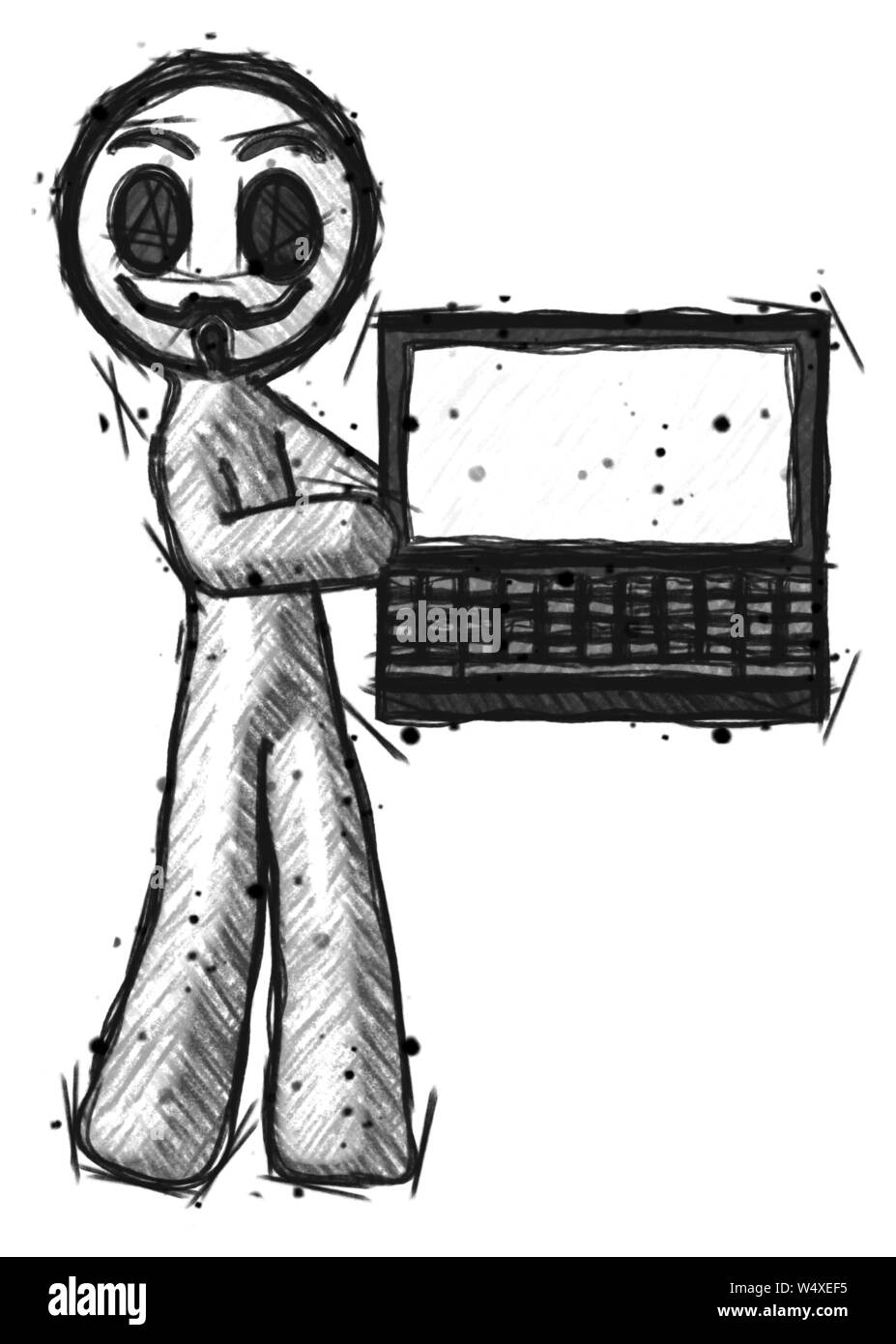 Sketch little anarchist hacker man holding laptop computer presenting ...