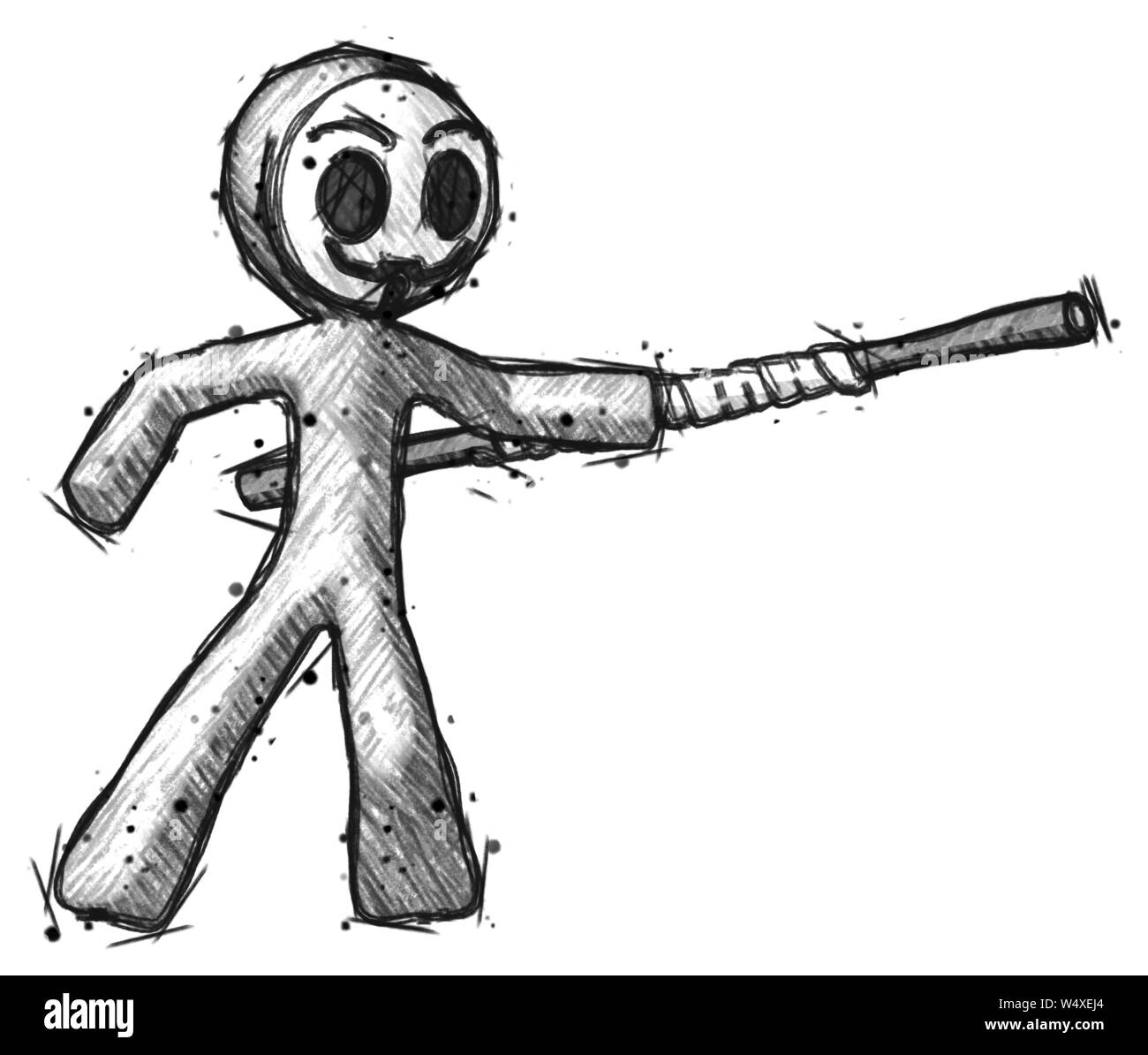Sketch little anarchist hacker man bo staff pointing right kung fu pose. Stock Photo