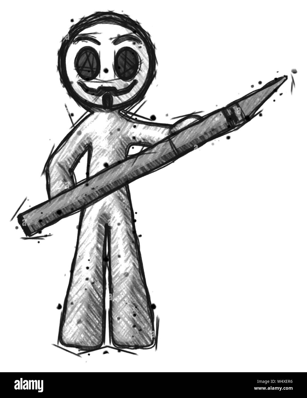 Sketch little anarchist hacker man holding large scalpel. Stock Photo