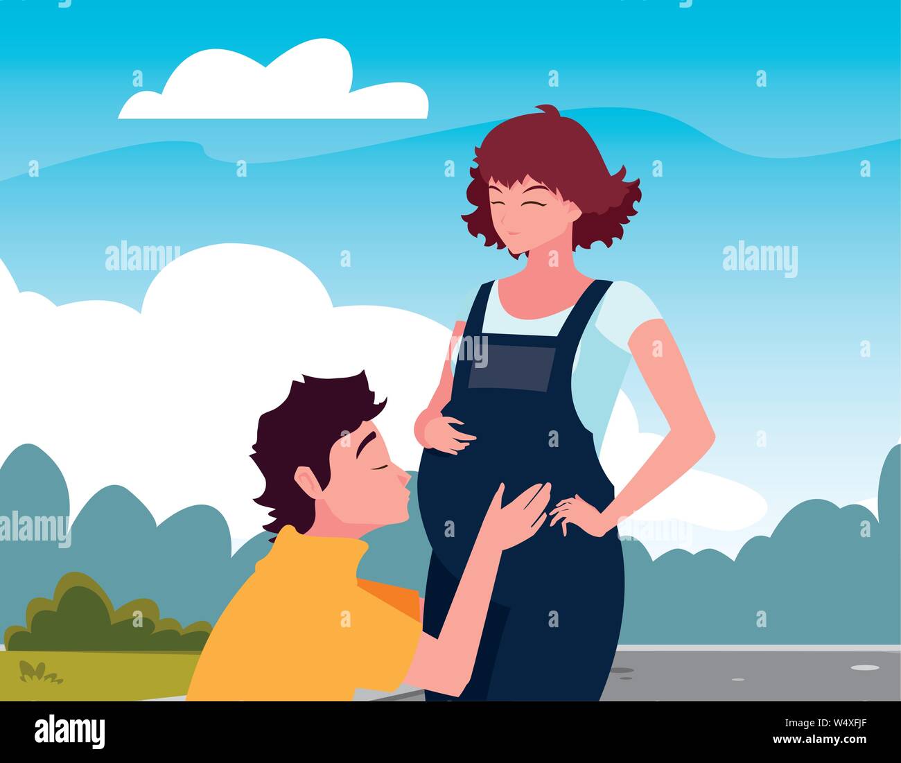 man hugs a pregnant woman outdoors - pregnancy and maternity vector ...