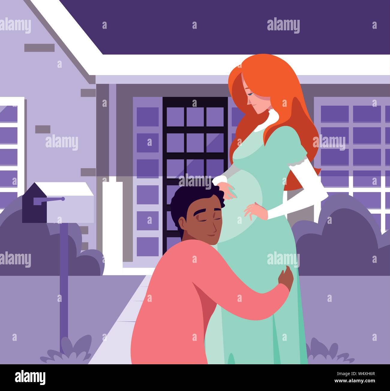 man hugs a pregnant woman front house - pregnancy and maternity vector ...