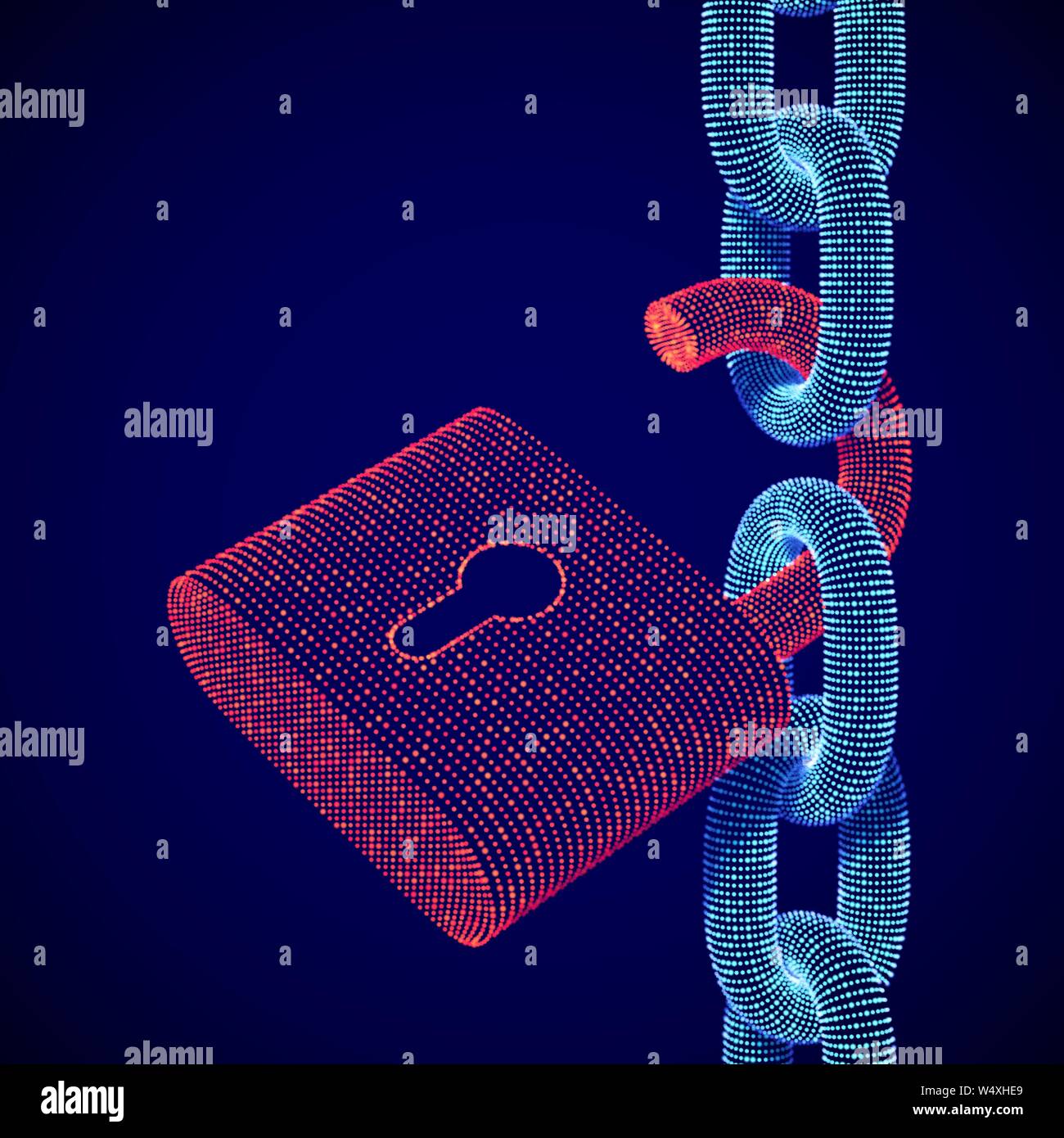 Data security and privacy concept: digital opened padlock on chain. Stock Vector