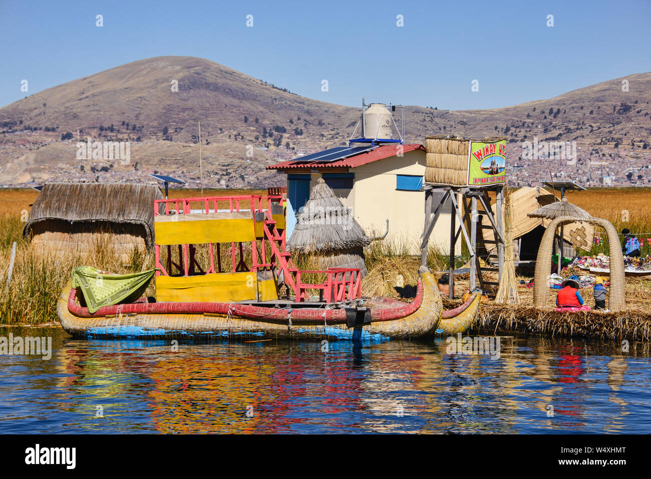 Traditional reed boat of the Uros islands, Lake Titicaca, Puno, Peru
