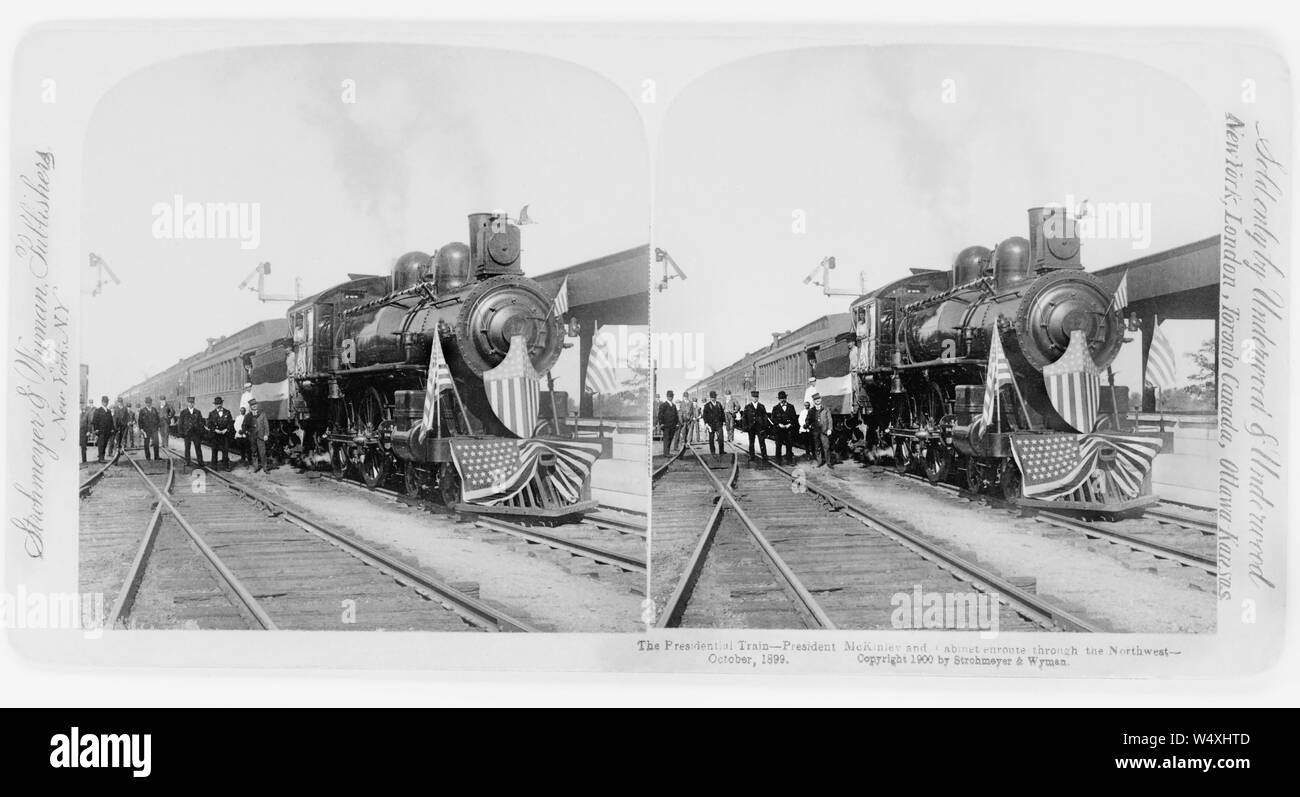Presidential Train--President McKinley and Cabinet enroute through the Northwest--October, 1899, Stereo Card, Underwood & Underwood Stock Photo