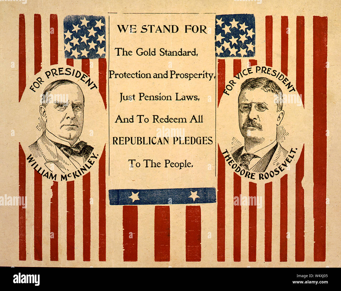 Campaign Poster for William McKinley and Theodore Roosevelt, with head-and-shoulders portraits of each, on United States flags, Lithograph, 1900 Stock Photo