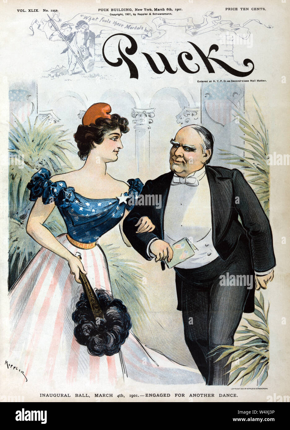 'Inaugural ball, March 4th, 1901 - Engaged for Another Dance', Political Cartoon Featuring President William McKinley and Columbia, arm-in-arm, Heading for the Inaugural Ball, Artwork by Udo J. Keppler, Lithograph by J. Ottmann Lith. Co., Published by Keppler & Schwartzmann, March 6, 1901 Stock Photo