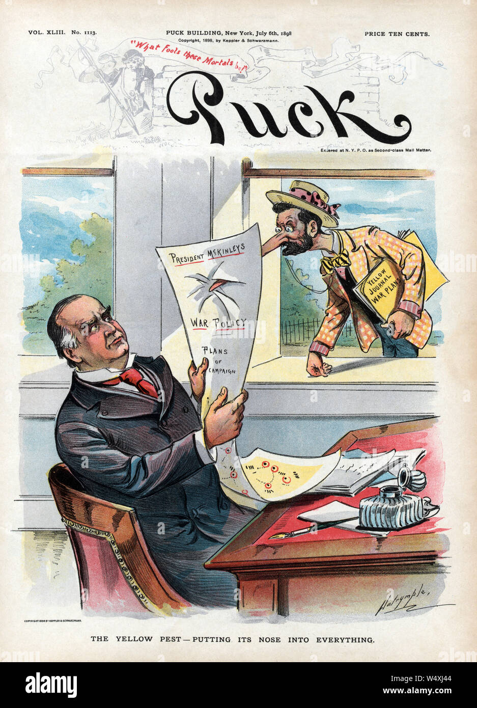 'The Yellow Pest - Putting its Nose into Everything', Political Cartoon featuring U.S. President William McKinley and a man, Possibly Joseph Pulitzer, carrying Sheets of Paper labeled 'Yellow Journal War Plans', Poking his Nose into McKinley's 'Plans of Campaign', Puck Magazine, Artwork by Louis Dalrymple, Published by Keppler & Schwartzmann, July 6, 1898 Stock Photo