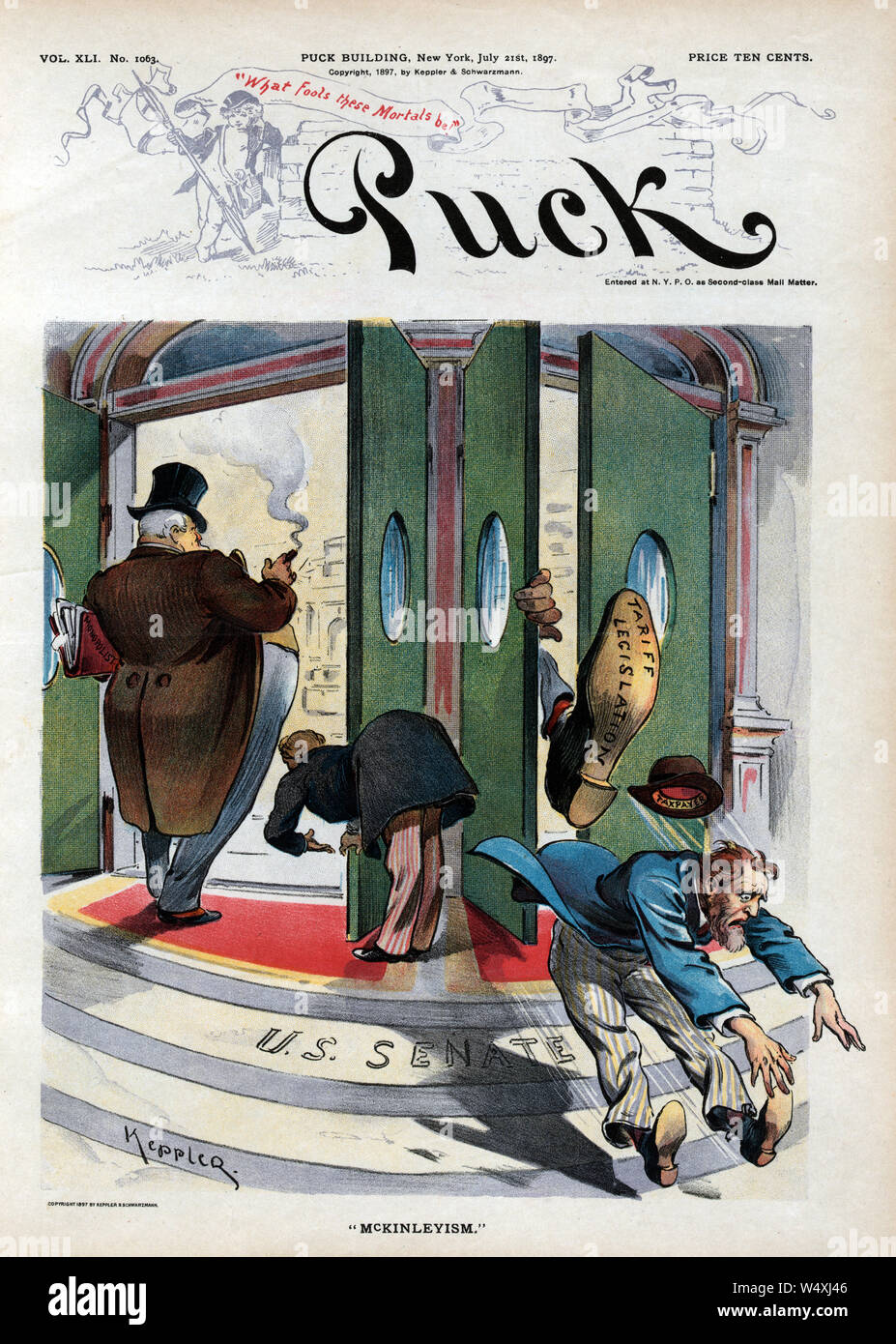 'McKinleyism', Political Cartoon Featuring Fat Businessman Labeled 'Monopolist' being Welcomed into  'U.S. Senate', and on right, a 'Tax Payer' being Booted out by  Large Shoe Labeled 'Tariff Legislation', Puck Magazine, Artwork by Udo J. Keppler, Published by Keppler & Schwartzmann, July 21, 1897 Stock Photo