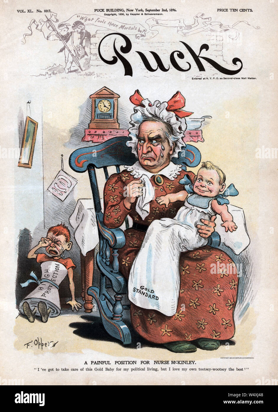 "A Painful Position for Nurse McKinley", Political Cartoon, Puck Magazine, Artwork by Frederick Burr Opper, Published by Keppler & Schwartzmann, September 2, 1896 Stock Photo