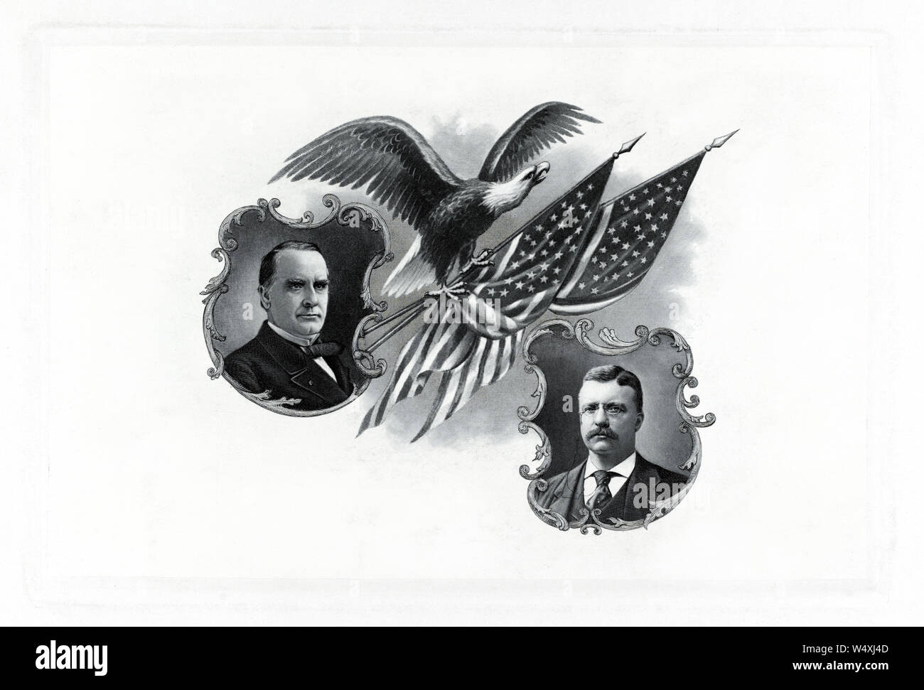 Head and Shoulders Portraits of William McKinley and Theodore Roosevelt with Eagle and two U.S. Flags, Campaign Poster, Engraving, 1900 Stock Photo