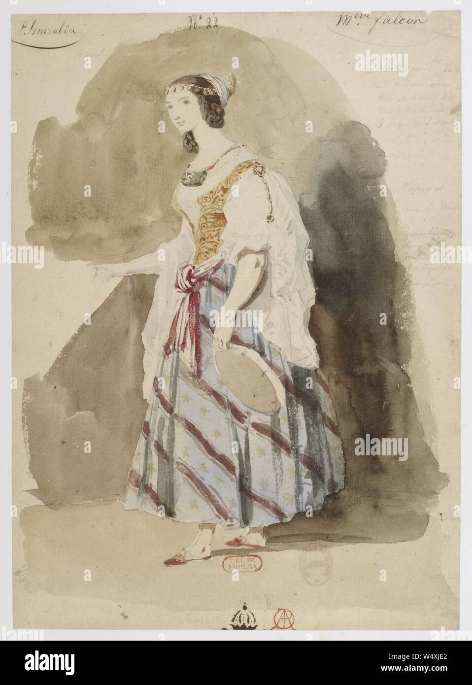 Costume designs by Louis Boulanger for Louise Bertin's La Esmeralda - No. 22. Cornélie Falcon as Esmeralda - Original. Stock Photo