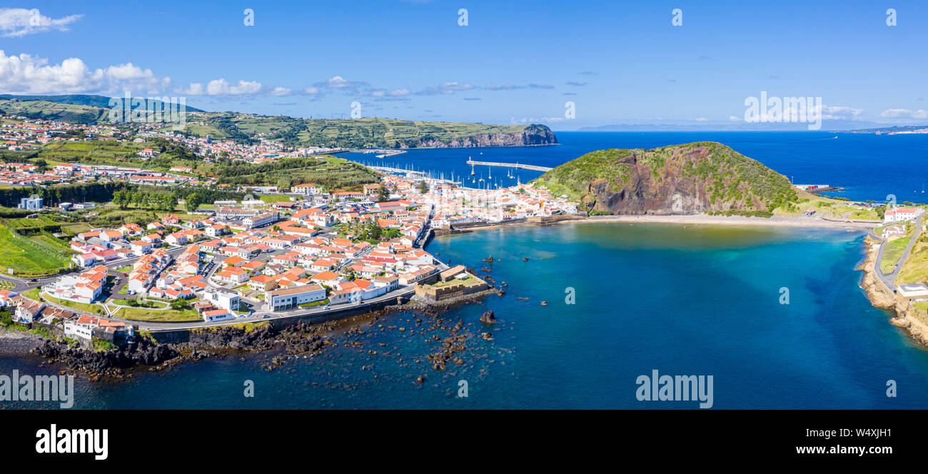 Fort de San Sebastian, idyllic beach and azure turquoise Baia do Porto Pim, red roofs of historical Horta town, Monte Queimado, Faial island, Azores Stock Photo