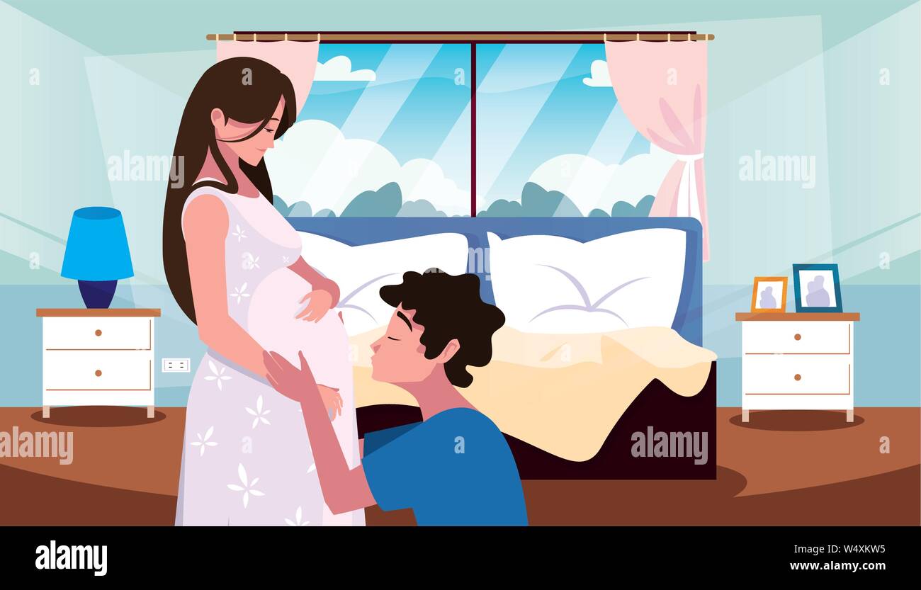 Man Hugs A Pregnant Woman In The Bedroom Pregnancy And Maternity