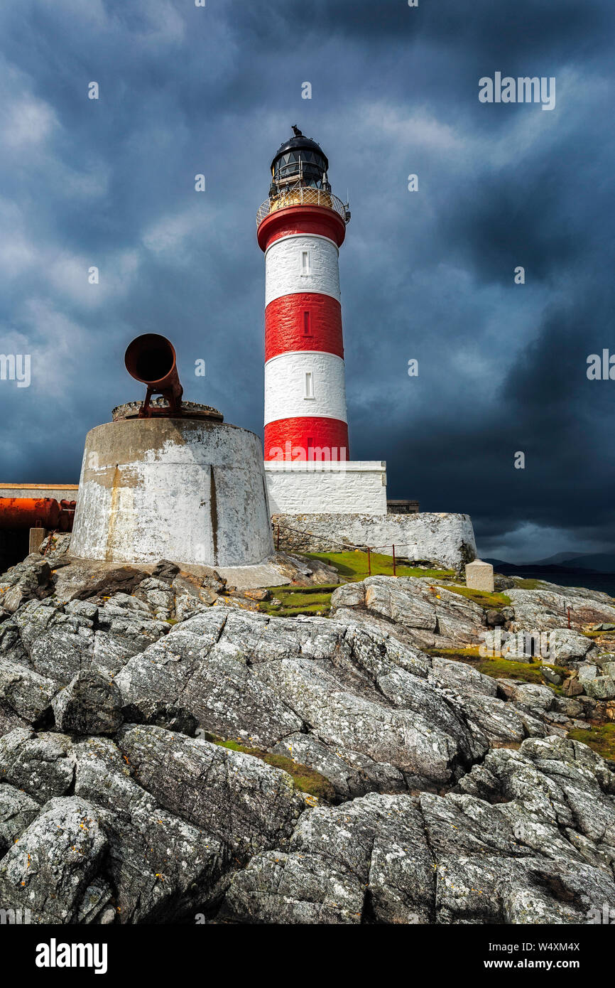 The iconic lighthouse on Scalpay island off the coast of the Isle of Harris. Stock Photo