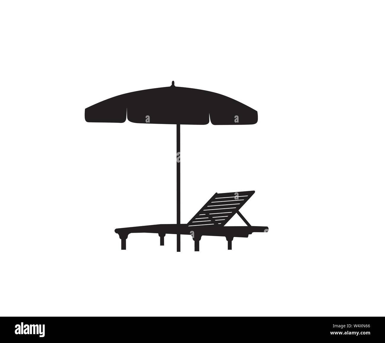 Deckchair umbrella summer beach holiday symbol silhouette icon. Chaise longue, parasol isolated. Sunbath beach resort symbol of the holidays Stock Vector