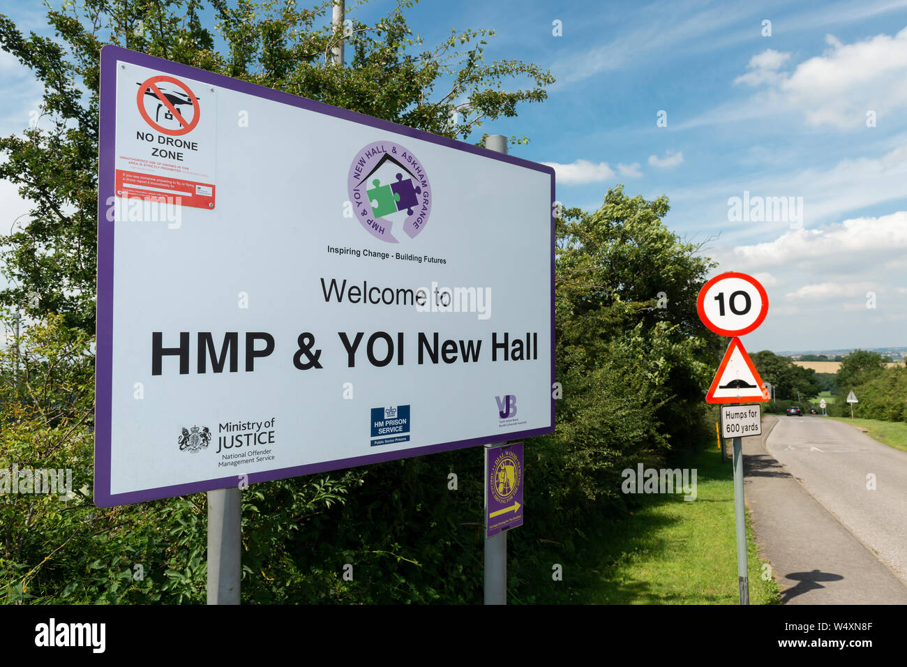Signage for HM Prison New Hall in Flockton, West Yorkshire, UK. Stock Photo
