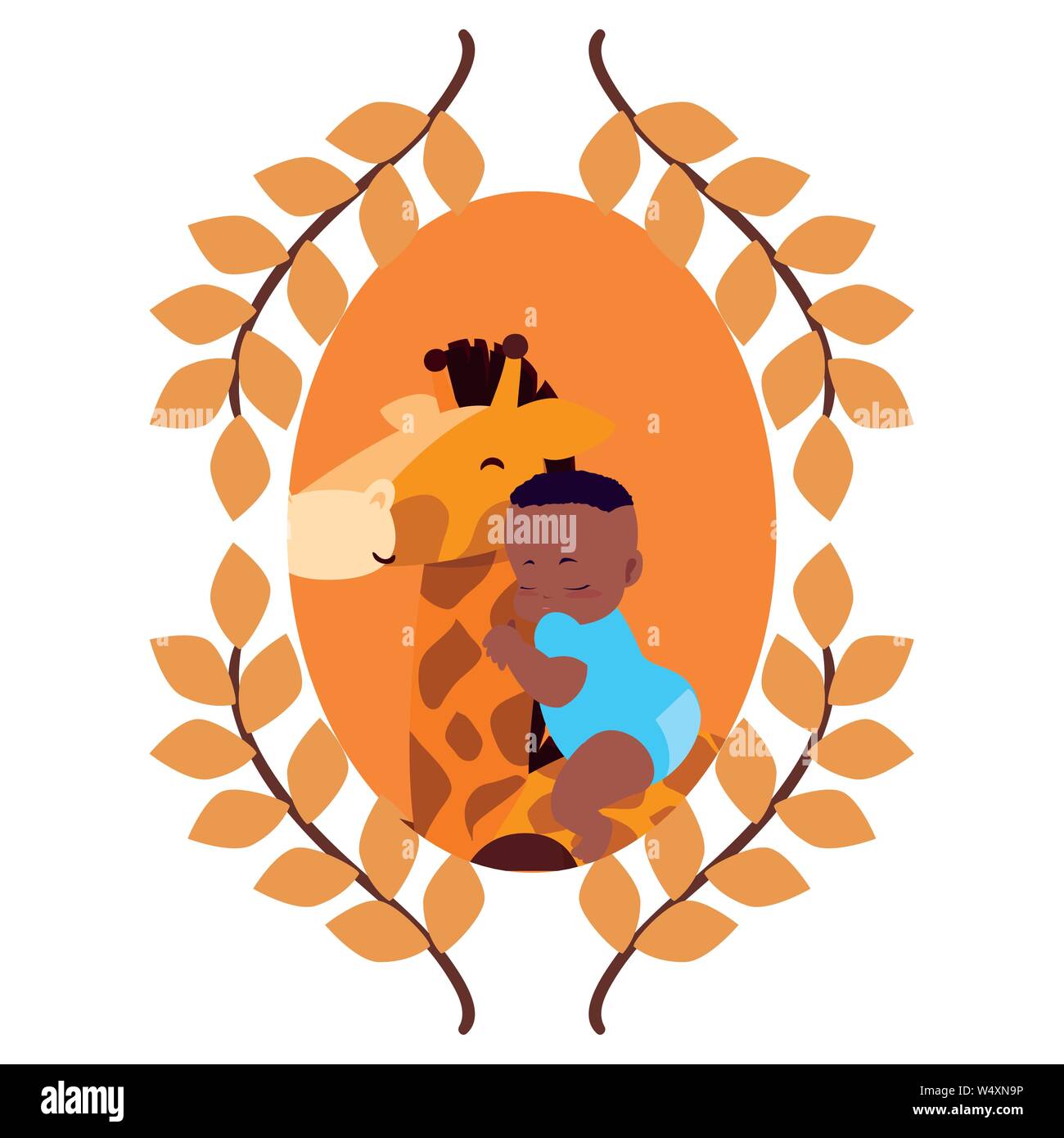 baby boy with toy giraffe branches leaves design vector illustration ...