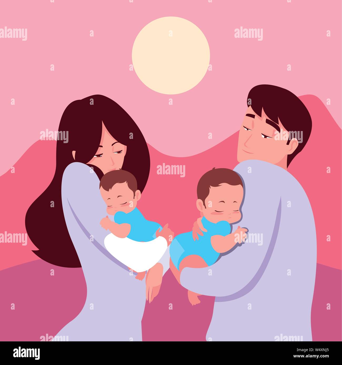 mom and dad carrying her newborn twins vector illustration Stock Vector ...