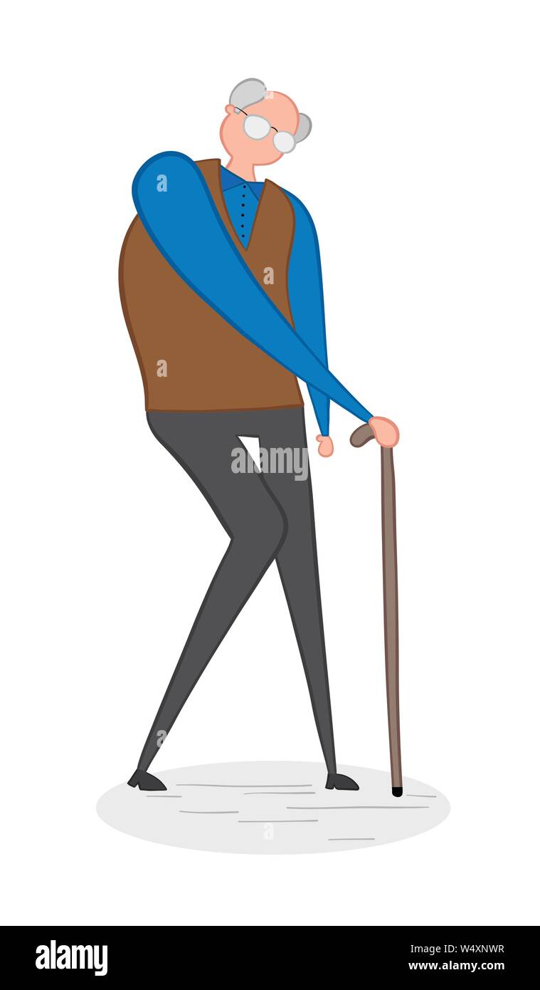 Old man walking with his walking stick, hand-drawn vector illustration. Color outlines and colored. Stock Vector