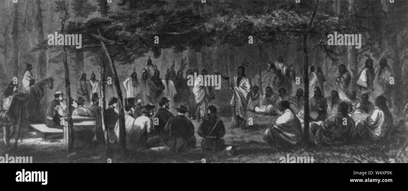 Council at Medicine Creek lodge with the Kiowa and Comanche Indians - - sketched by J. Howland. Stock Photo