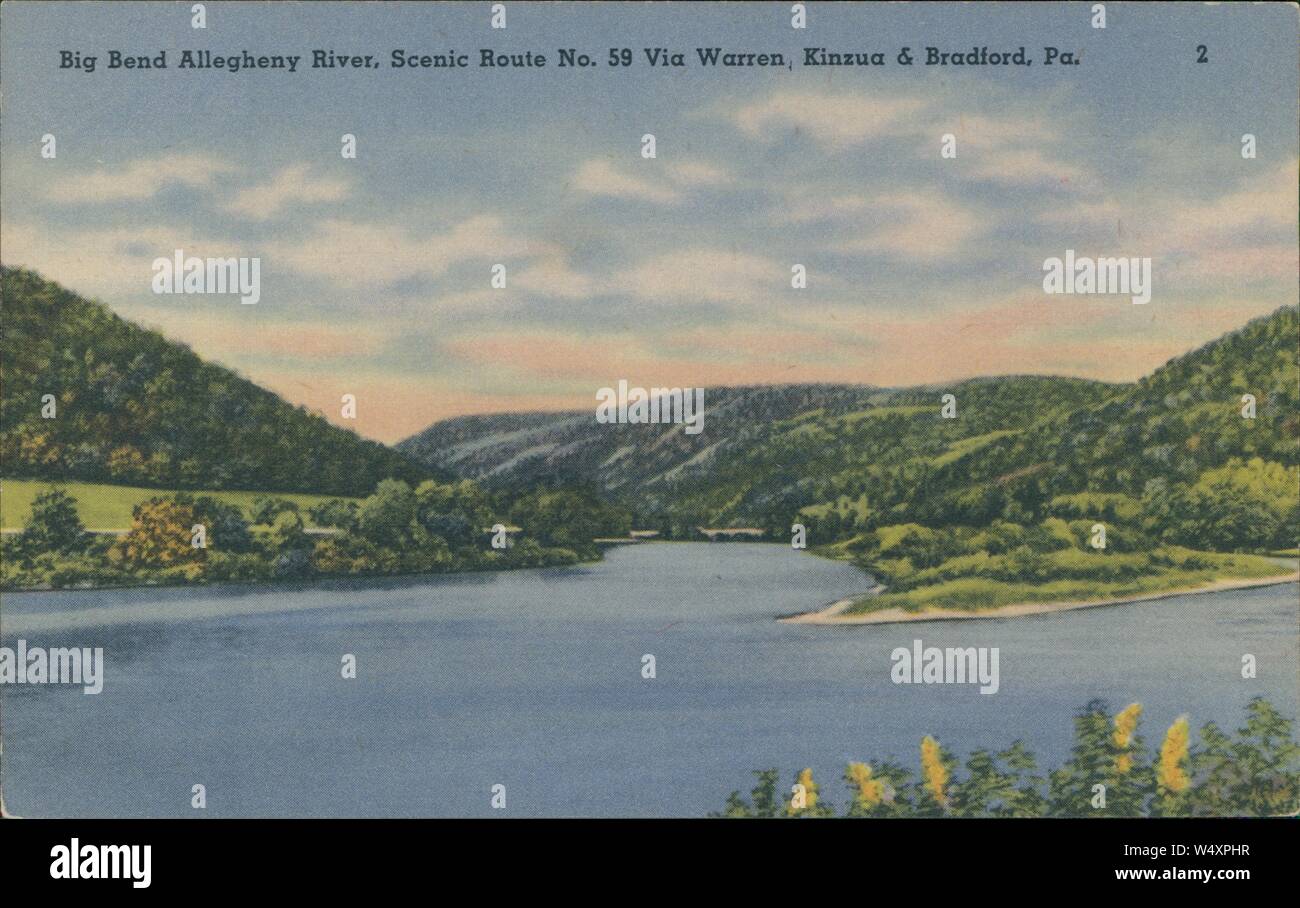 Vintage postcard reproduction of the Big Bend Allegheny River, scenic Route No.59 via Warren Kinzua and Bradford, Pennsylvania, 1930. () Stock Photo