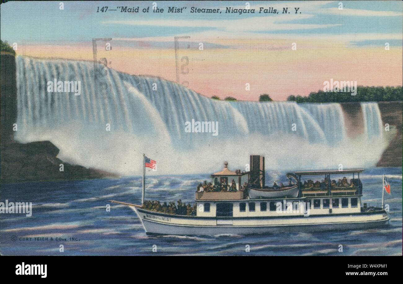 Vintage postcard reproduction of the 'Maid of the Mist' steamer at Niagara Falls, between the Canadian province of Ontario and the American state of New York, 1930. () Stock Photo