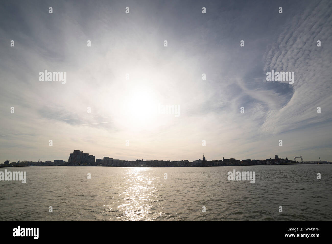 The skyline of Dordrecht in the Netherlands, Dordrecht is an island city and the oldest city in Holland. Stock Photo