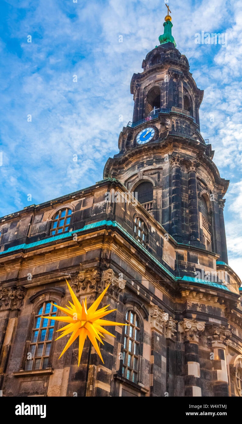 The historic church Kreuzkirche in Dresden during chritsmas Stock Photo