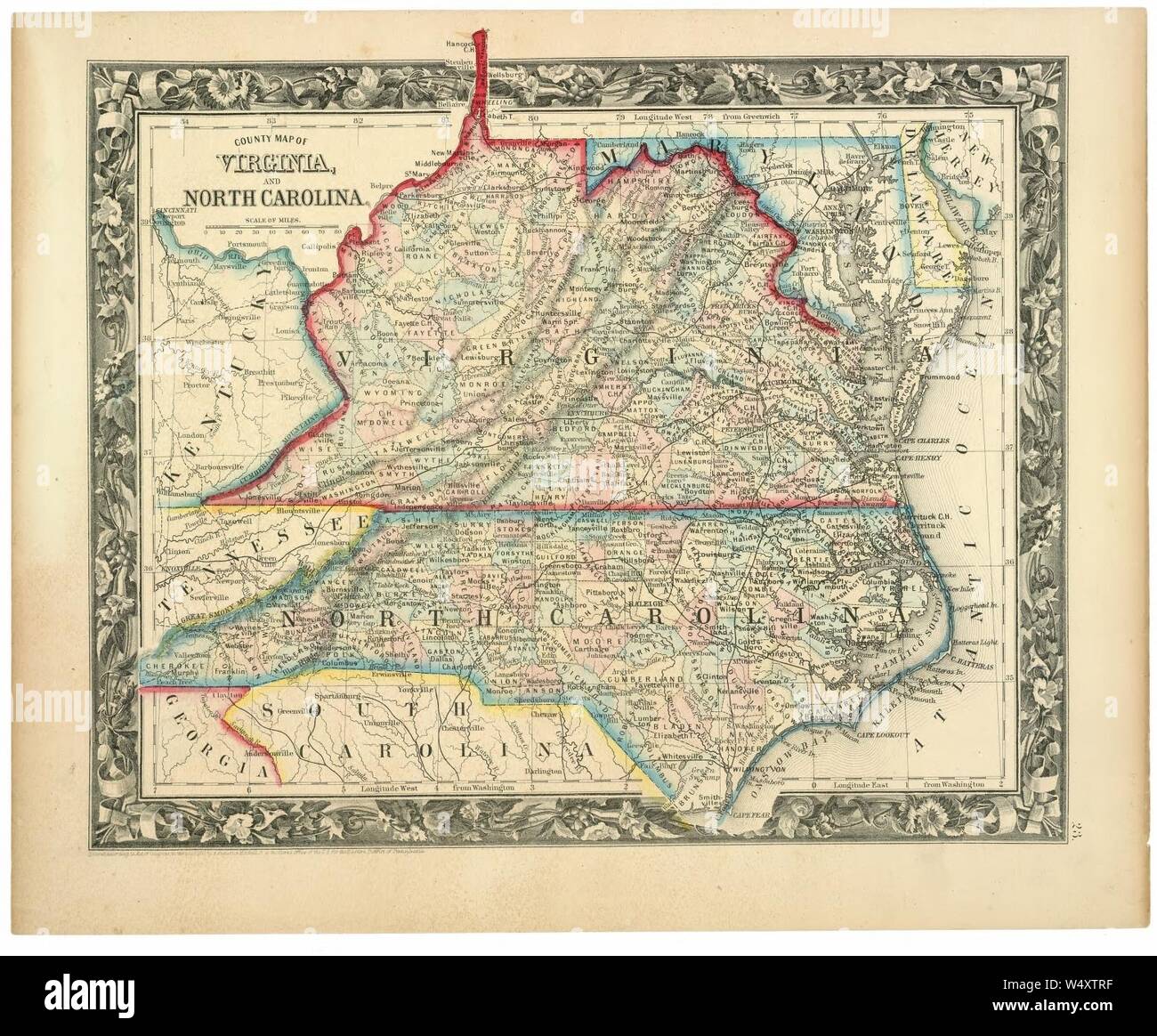 County map of Virginia, and North Carolina Stock Photo Alamy