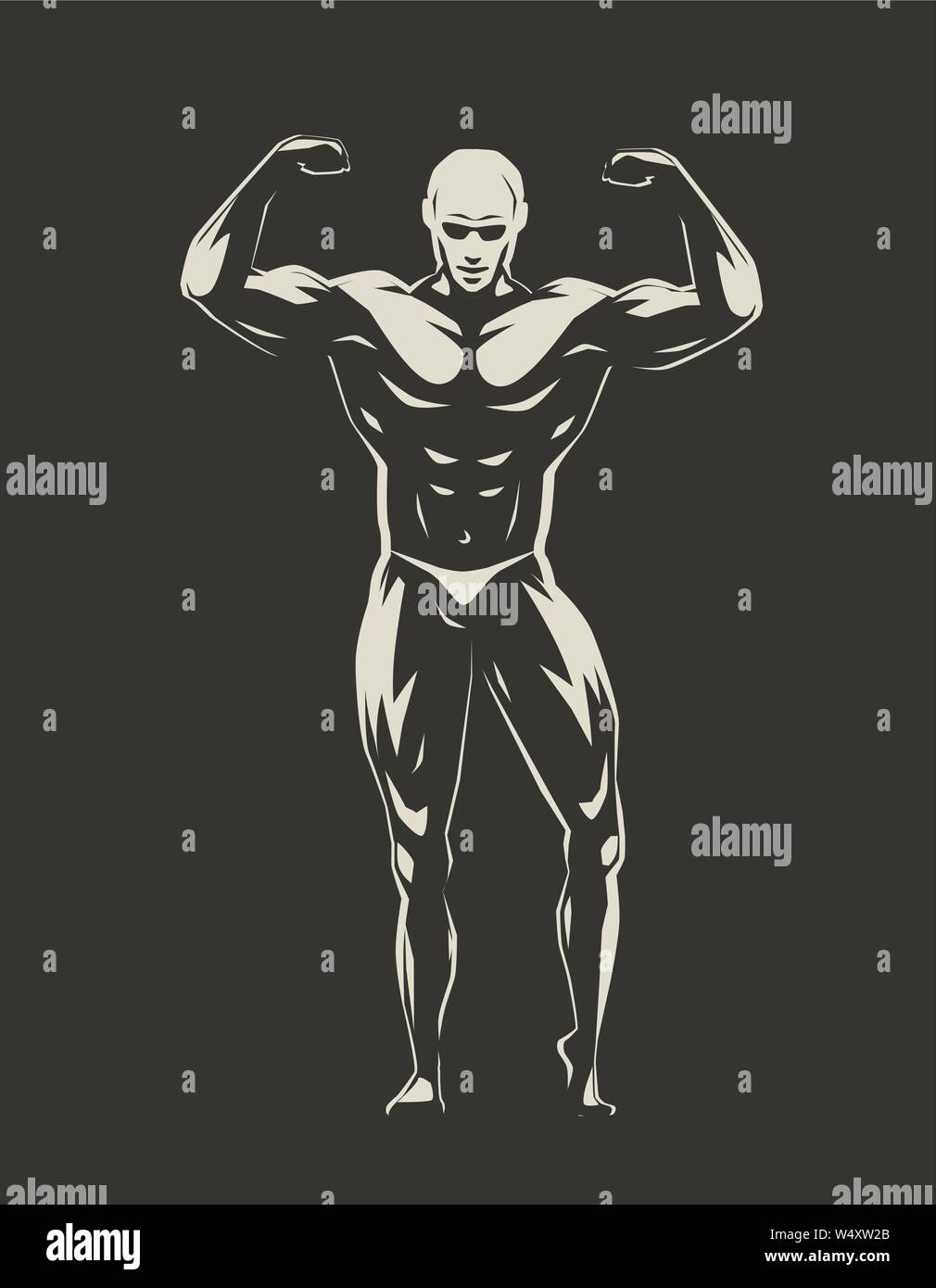 Muscular bodybuilder with hands up demonstrating strength. Gym, bodybuilding, sports concept. Vector illustration Stock Vector