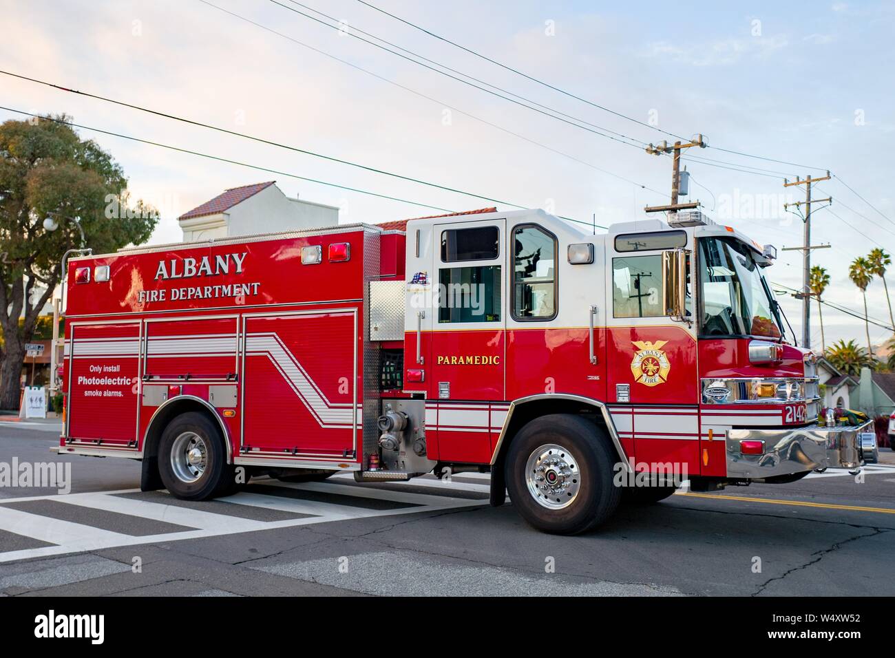 Side view of fire truck for Albany Fire Department on Solano Avenue in Albany, California, December 18, 2018. () Stock Photo