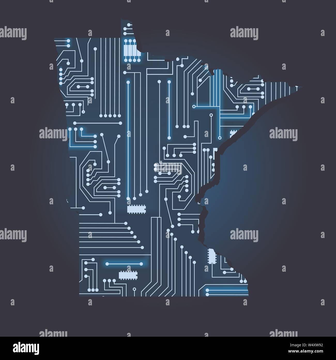 Contour map of Minnesota with a technological electronics circuit. USA