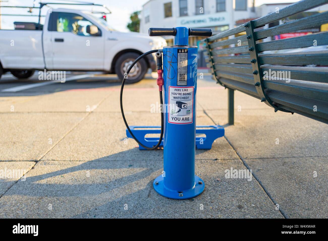 Close-up of public bicycle repair station with tire pump and tire changing bicycle holder in Albany, California, an area known for its community of cyclists, December 18, 2018. () Stock Photo